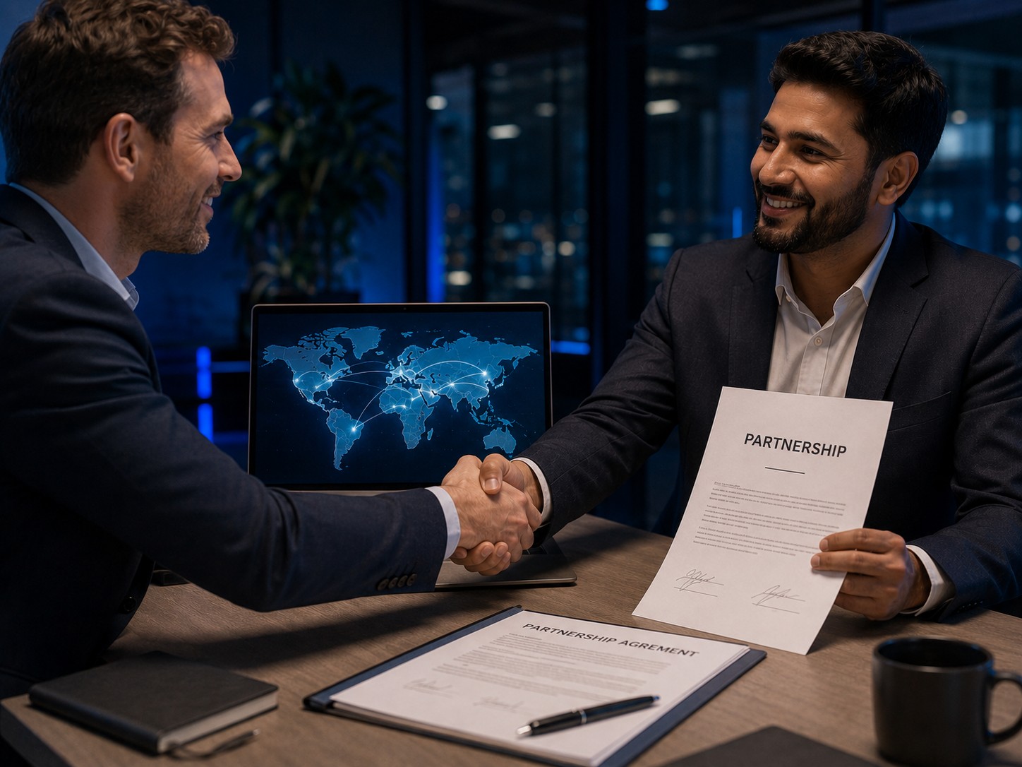 Two business partners shaking hands over a signed partnership agreement