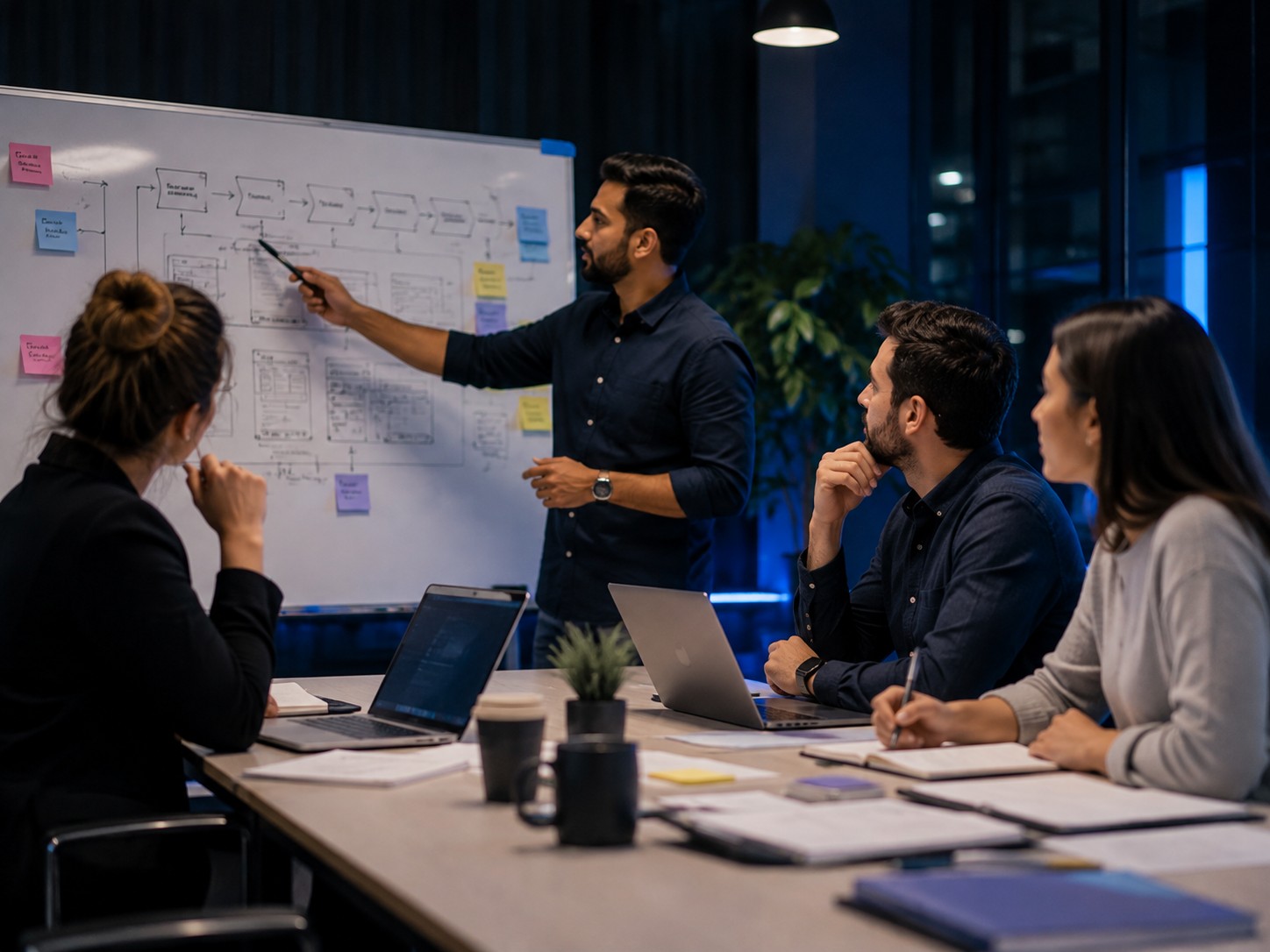 Team reviewing app design process on a whiteboard