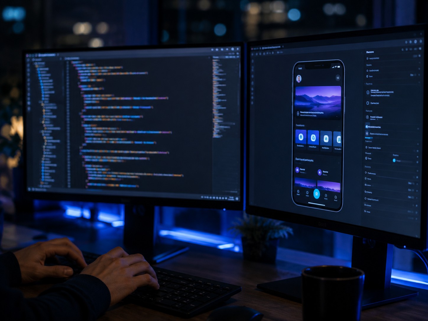 Developer working across dual monitors on app code and UI