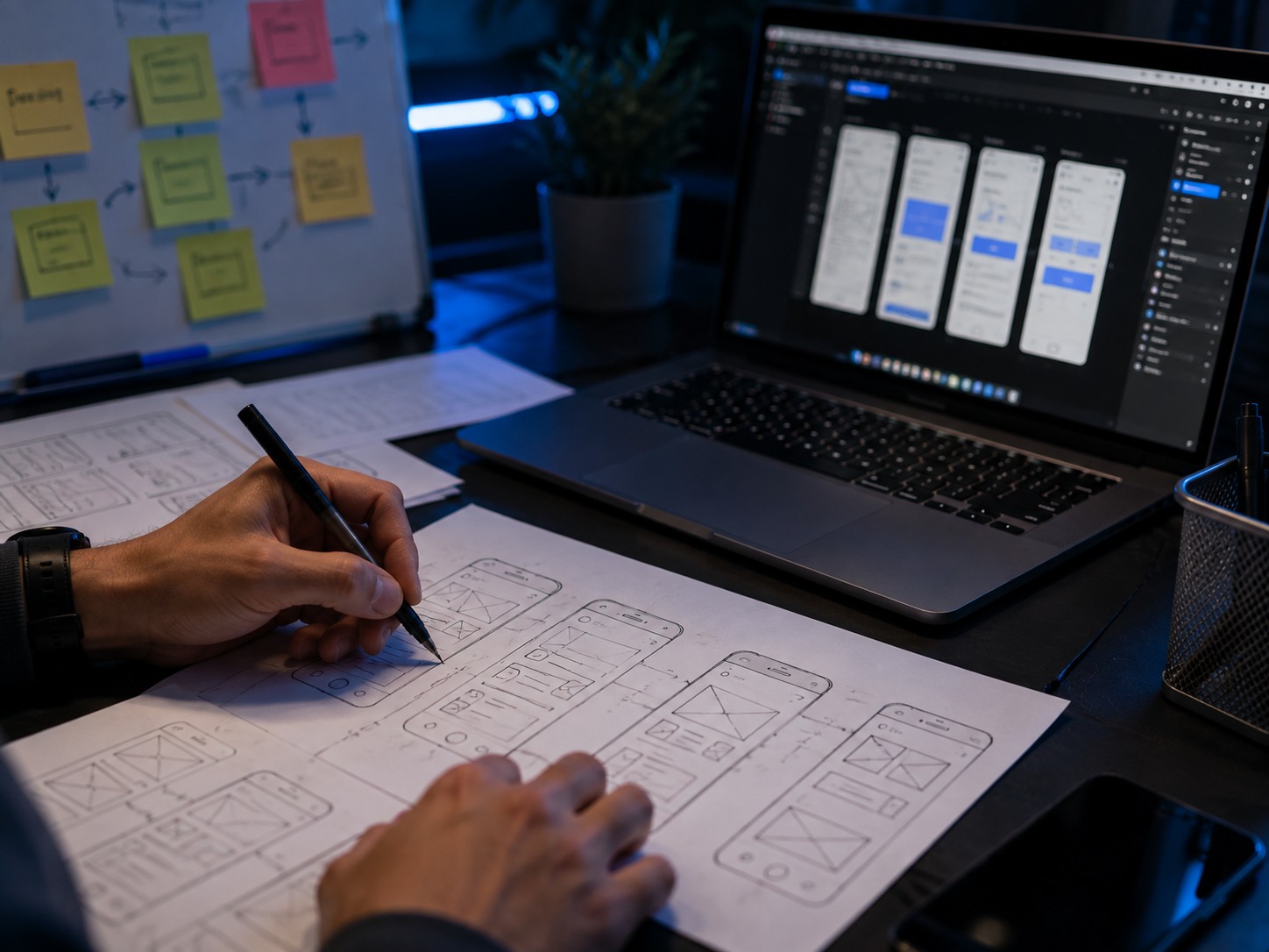 Designer sketching wireframes next to a laptop with UI mockups